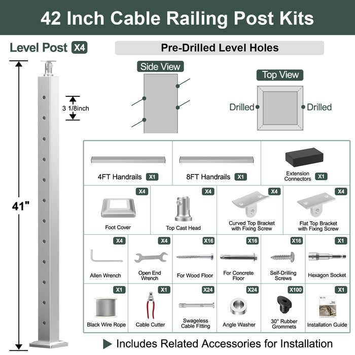 BLIKA 36'' & 42'' Brushed Stainless Steel Surface Mount Stair Cable Railing System DIY Kit (4FT - 20FT, Angled Drilled)