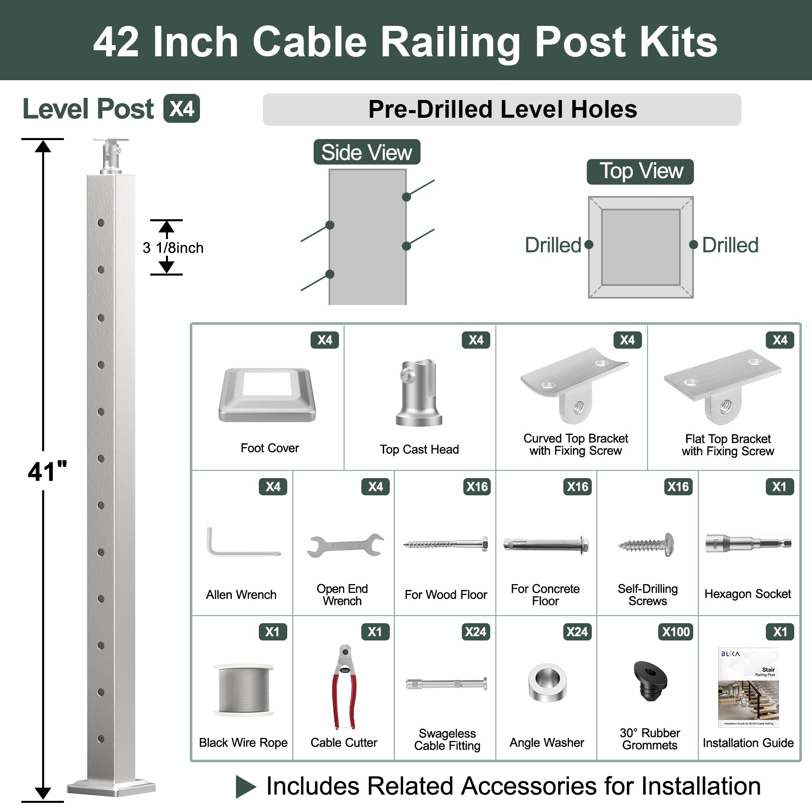 BLIKA 36'' & 42''  Brushed Stainless Steel Surface Mount Stair Cable Railing System DIY Kit (4FT - 20FT, Angled Drilled, No Handrail)