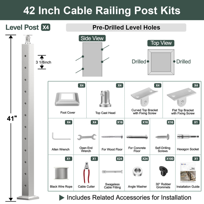 BLIKA 36'' & 42''  Brushed Stainless Steel Surface Mount Stair Cable Railing System DIY Kit (4FT - 20FT, Angled Drilled, No Handrail)
