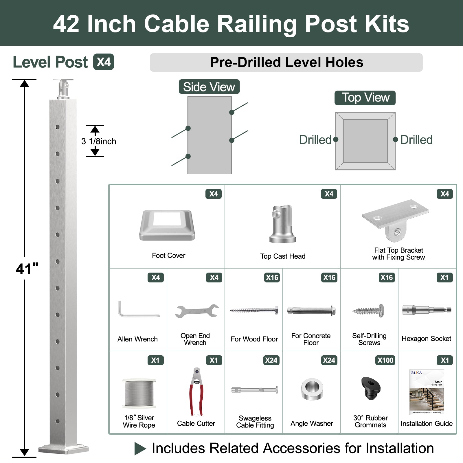 BLIKA 36'' & 42''  Brushed Stainless Steel Surface Mount Stair Cable Railing System DIY Kit (4FT - 20FT, Angled Drilled, No Handrail) - 1/8