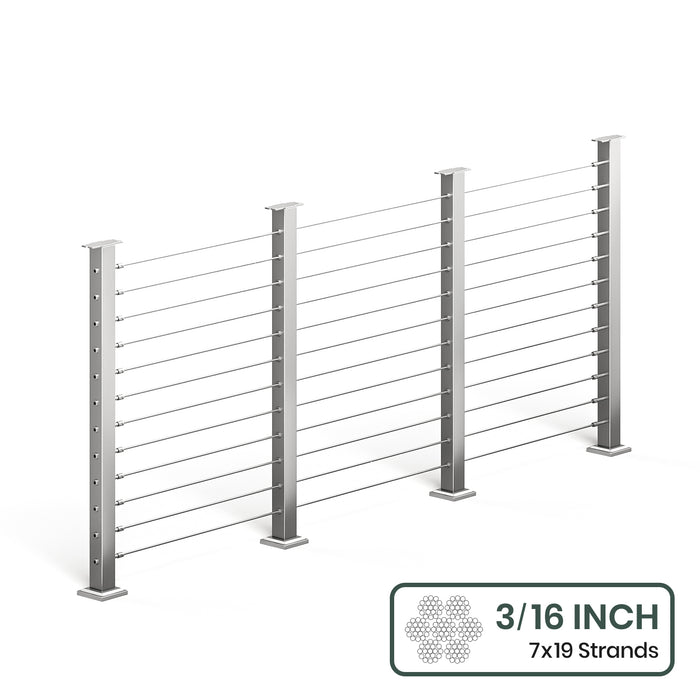 BLIKA 36'' & 42'' Brushed Stainless Steel Surface Mount Cable Railing System DIY Kit (4FT - 28FT, Level Drilled, No Handrail) - 3/16" Cable & Hardware
