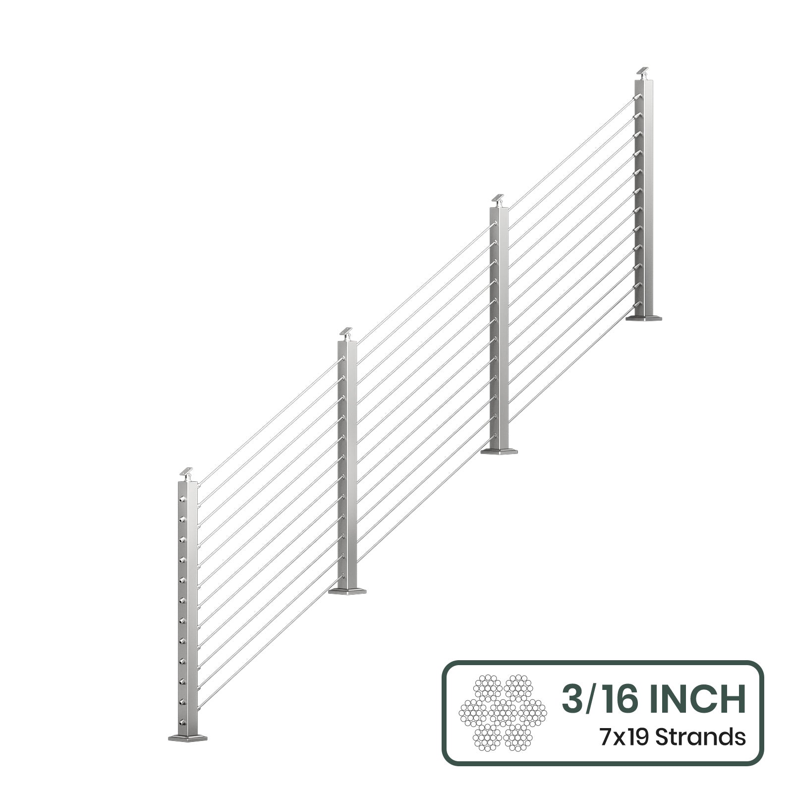 BLIKA 36'' & 42''  Brushed Stainless Steel Surface Mount Stair Cable Railing System DIY Kit (4FT - 20FT, Angled Drilled, No Handrail) - 3/16