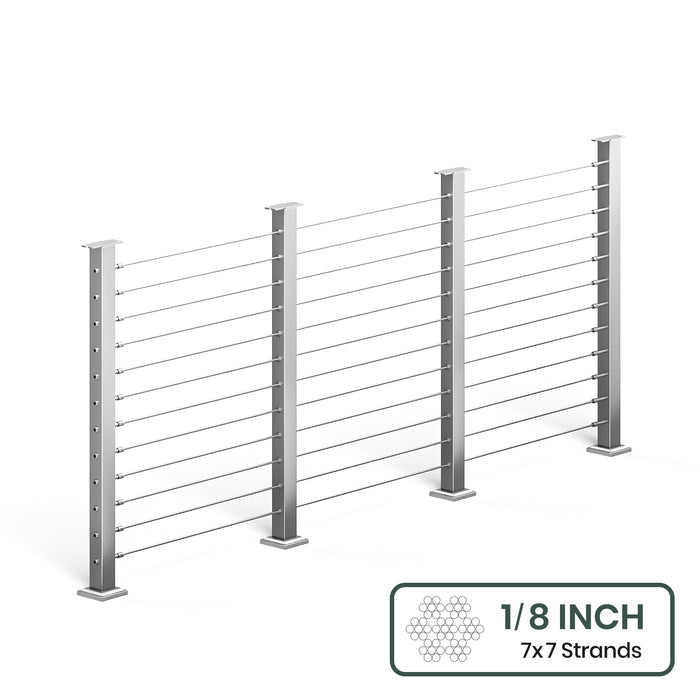 BLIKA 36'' & 42'' Brushed Stainless Steel Surface Mount Cable Railing System DIY Kit (4FT - 28FT, Level Drilled, No Handrail) - 1/8" Cable & Hardware