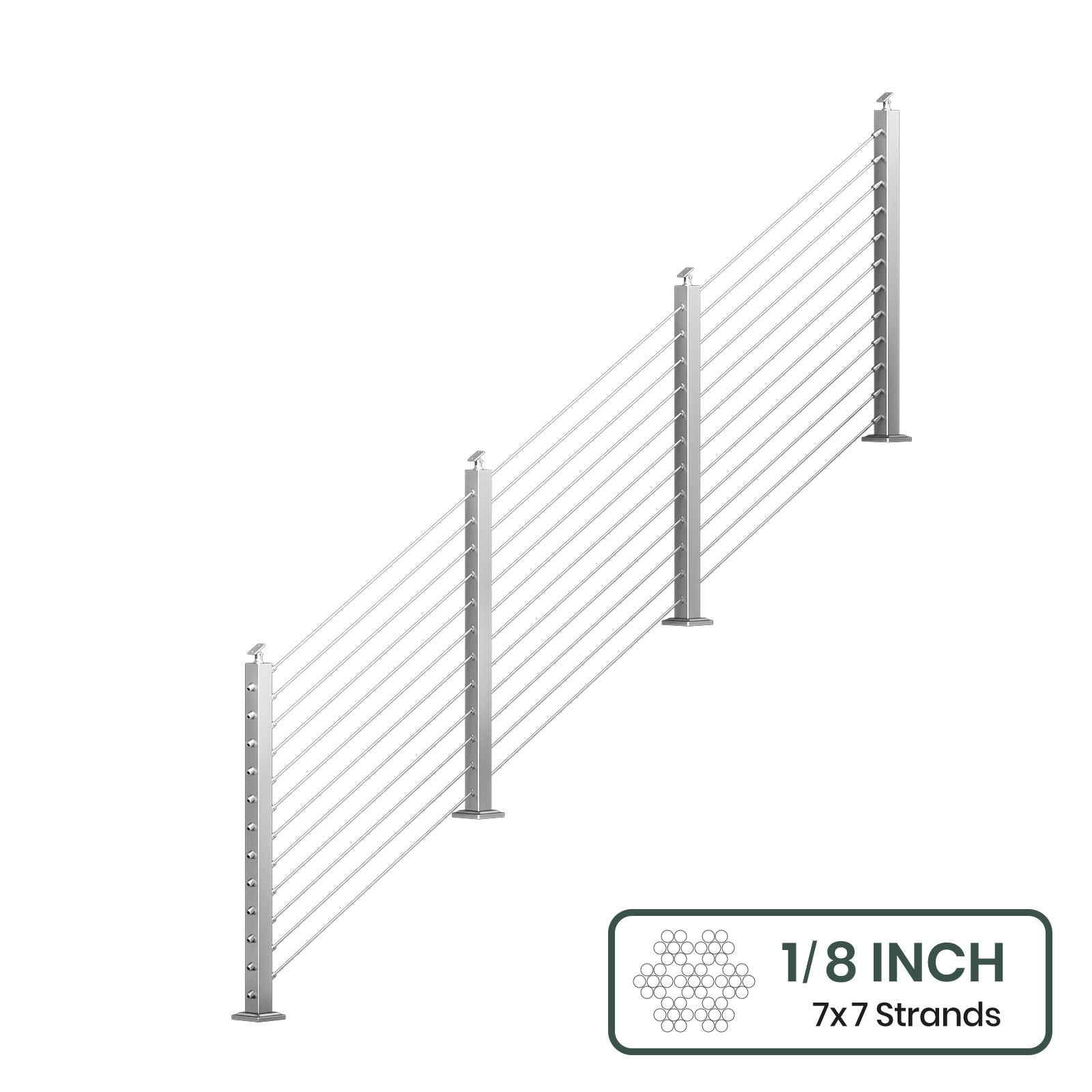 BLIKA 36'' & 42''  Brushed Stainless Steel Surface Mount Stair Cable Railing System DIY Kit (4FT - 20FT, Angled Drilled, No Handrail) - 1/8