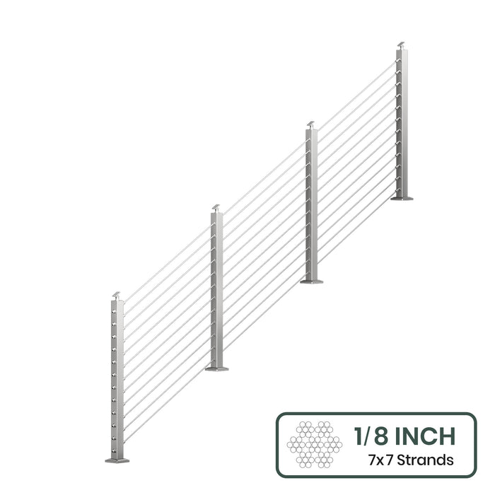 BLIKA 36'' & 42''  Brushed Stainless Steel Surface Mount Stair Cable Railing System DIY Kit (4FT - 20FT, Angled Drilled, No Handrail) - 1/8" Cable & Hardware