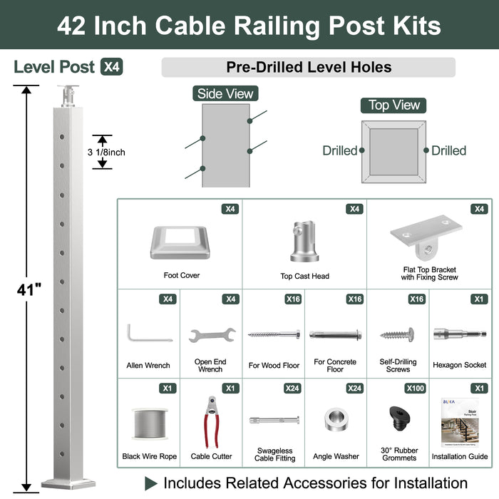 BLIKA 36'' & 42''  Brushed Stainless Steel Surface Mount Stair Cable Railing System DIY Kit (4FT - 20FT, Angled Drilled, No Handrail) - 1/8" Cable & Hardware