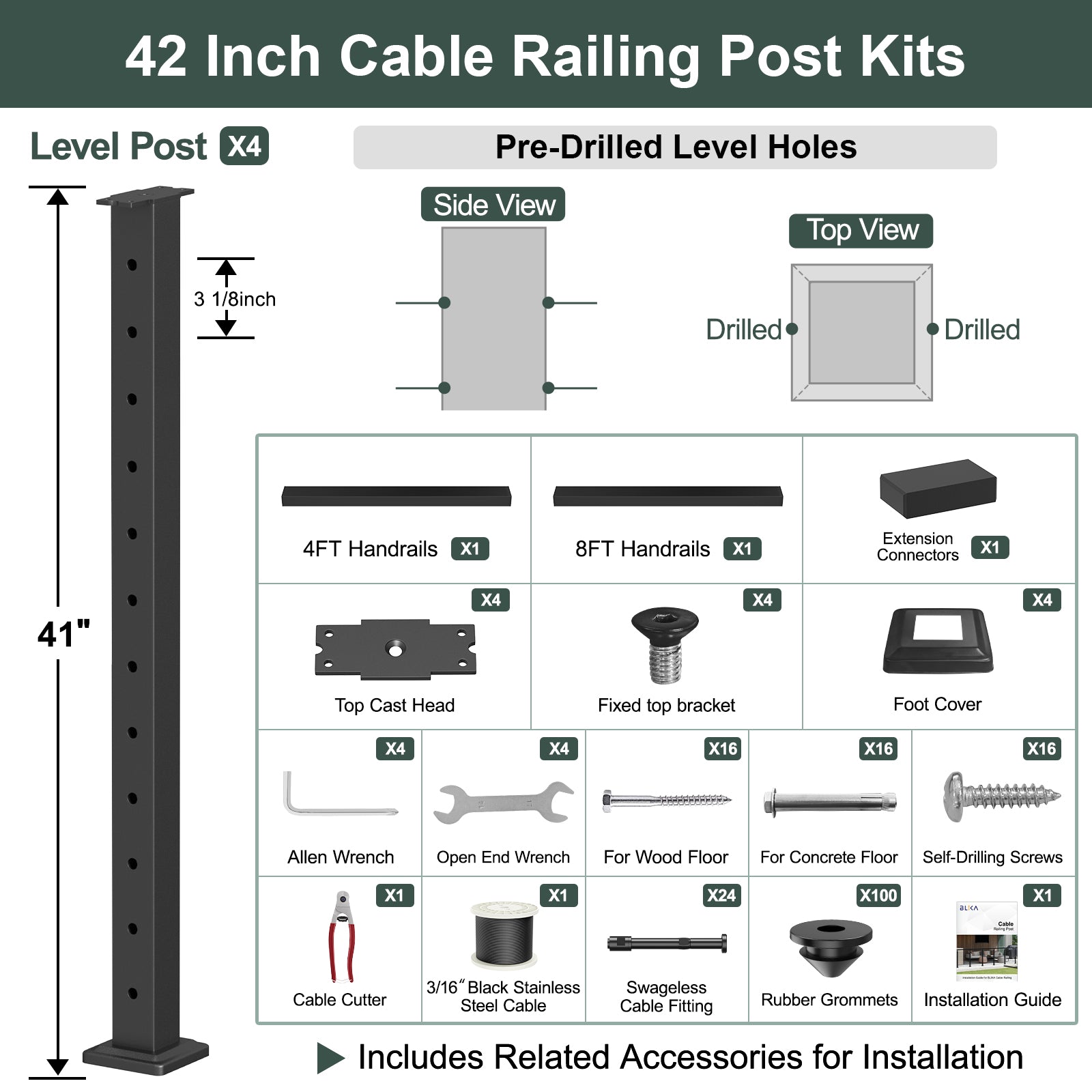 BLIKA 36'' & 42'' Black Surface Mount Cable Railing System DIY Kit (4FT - 28FT, Level Drilled, ) - 3/16