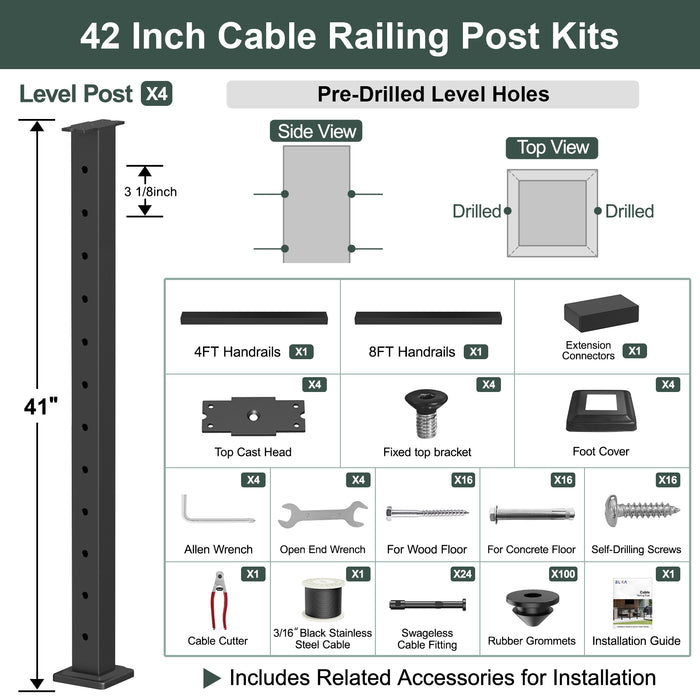 BLIKA 36'' & 42'' Black Surface Mount Cable Railing System DIY Kit (4FT - 28FT, Level Drilled, ) - 3/16" Cable & Hardware