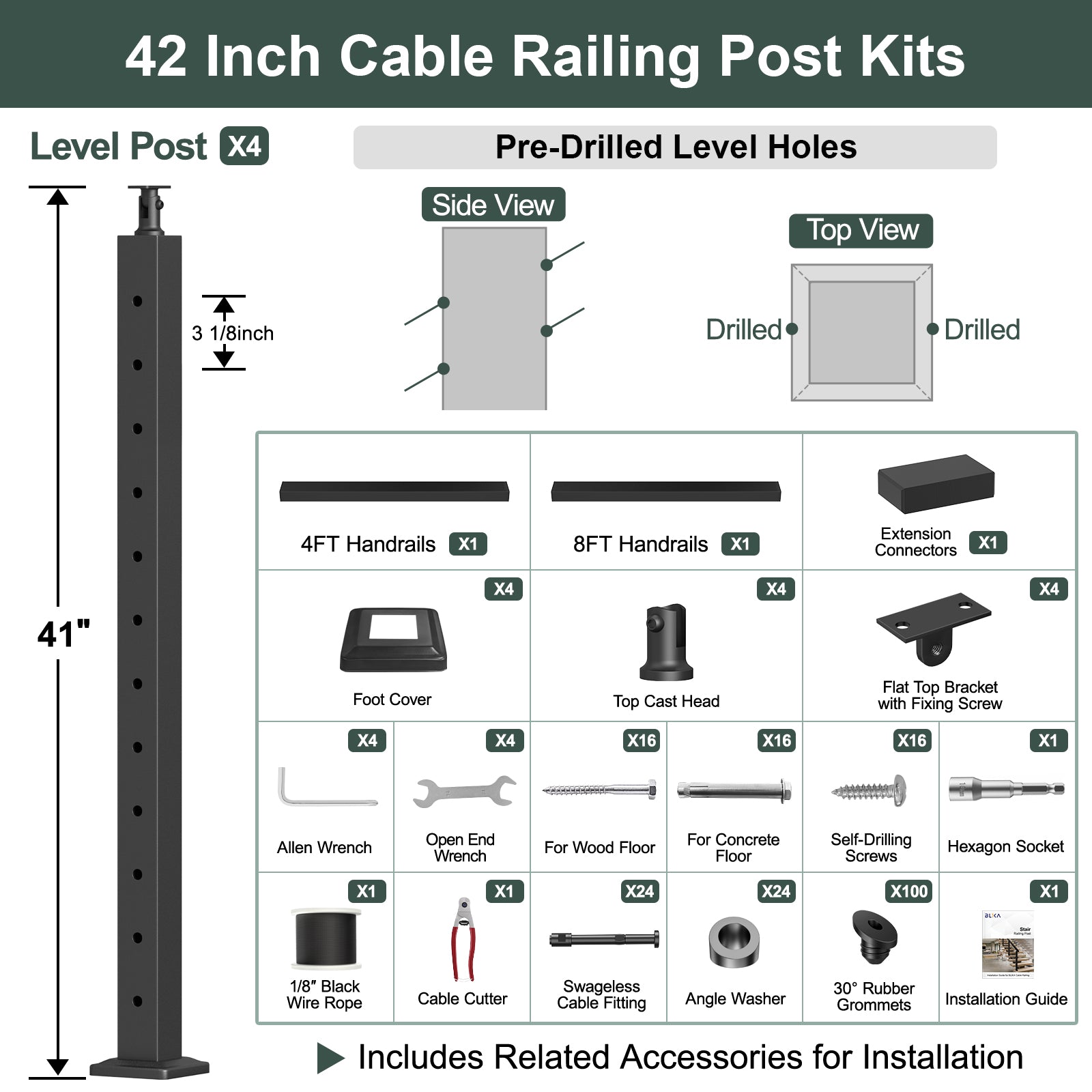 BLIKA 36'' & 42'' Black Surface Mount Stair Cable Railing System DIY Kit (4FT - 20FT, Angled Drilled) - 1/8