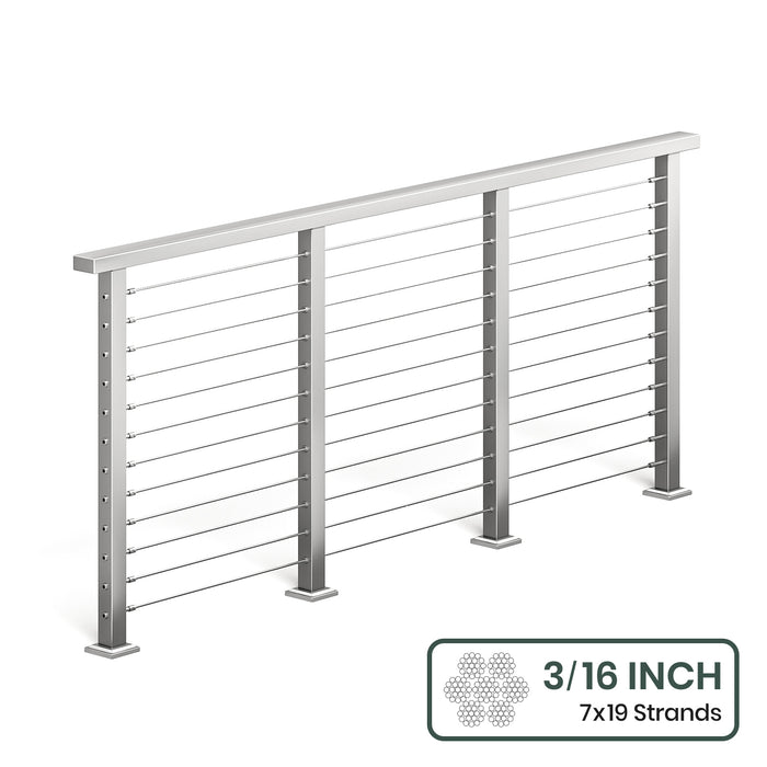 BLIKA 36'' & 42'' Brushed Stainless Steel Surface Mount Cable Railing System DIY Kit (4FT - 28FT, Level Drilled, ) - 3/16" Cable & Hardware