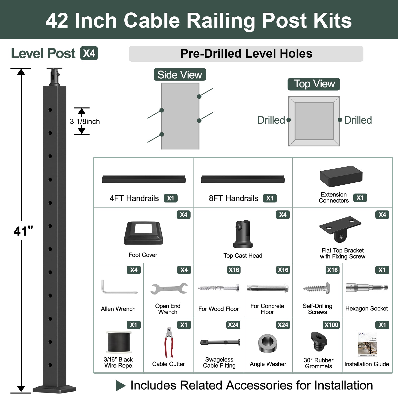 BLIKA 36'' & 42'' Black Surface Mount Stair Cable Railing System DIY Kit (4FT - 20FT, Angled Drilled) - 3/16
