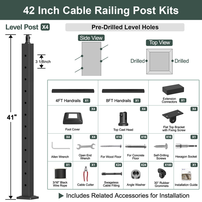 BLIKA 36'' & 42'' Black Surface Mount Stair Cable Railing System DIY Kit (4FT - 20FT, Angled Drilled) - 3/16" Cable & Hardware