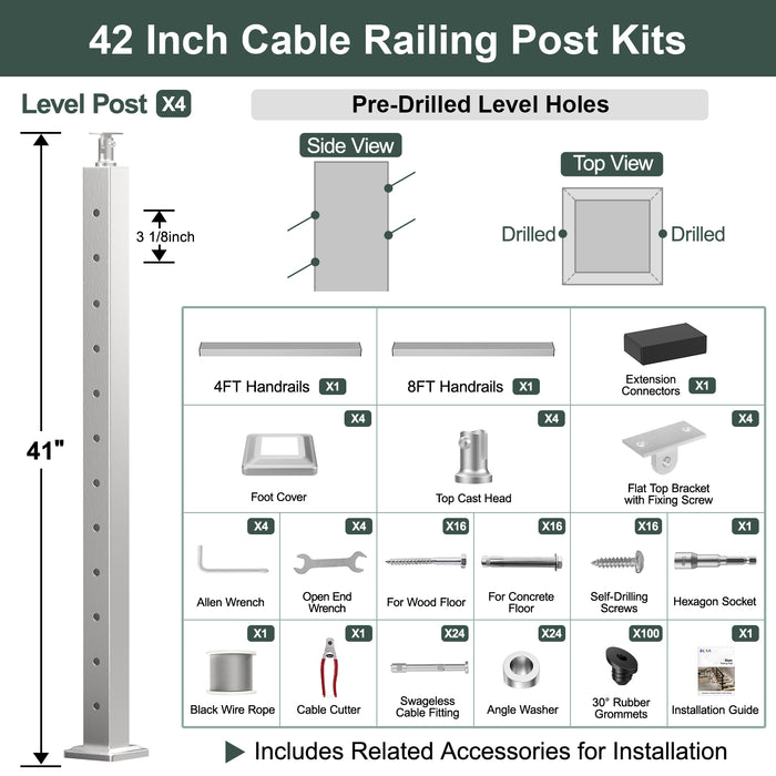 BLIKA 36'' & 42'' Brushed Stainless Steel Surface Mount Stair Cable Railing System DIY Kit (4FT - 20FT, Angled Drilled) - 1/8" Cable & Hardware
