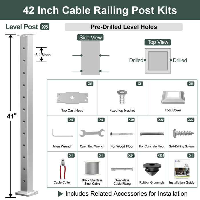 BLIKA 36'' & 42'' Brushed Stainless Steel Surface Mount Cable Railing System DIY Kit (4FT - 20FT, Level Drilled, No Handrail)