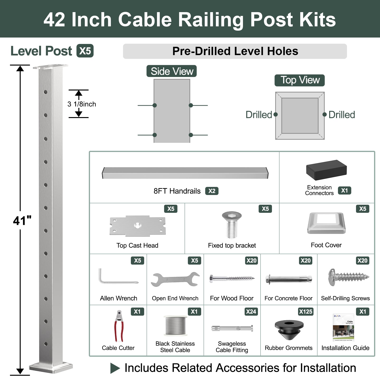 BLIKA 36'' & 42'' Brushed Stainless Steel Surface Mount Cable Railing System DIY Kit (4FT - 28FT, Level Drilled, )