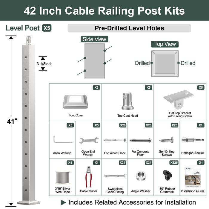 BLIKA 36'' & 42''  Brushed Stainless Steel Surface Mount Stair Cable Railing System DIY Kit (4FT - 20FT, Angled Drilled, No Handrail) - 3/16" Cable & Hardware