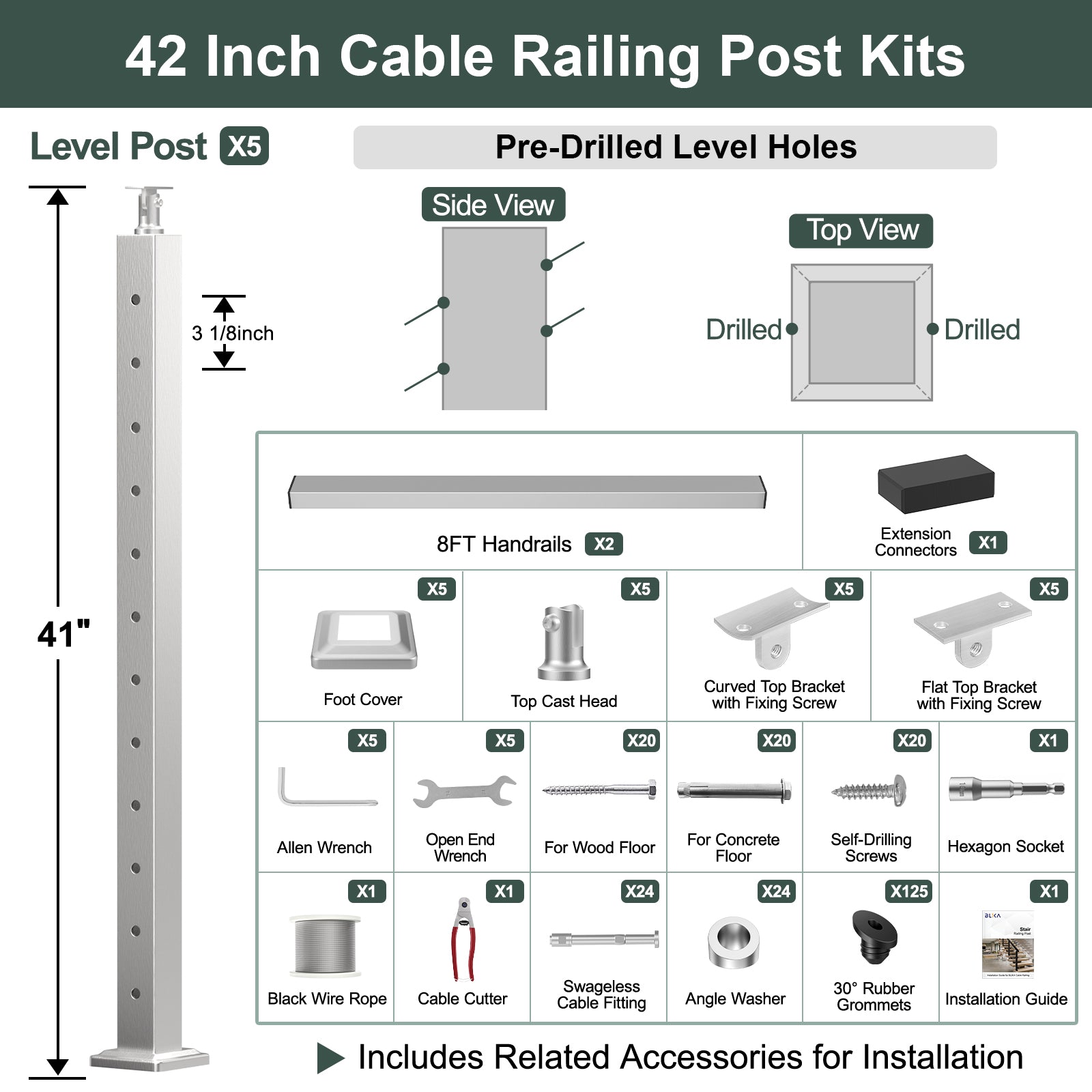 BLIKA 36'' & 42'' Brushed Stainless Steel Surface Mount Stair Cable Railing System DIY Kit (4FT - 20FT, Angled Drilled)