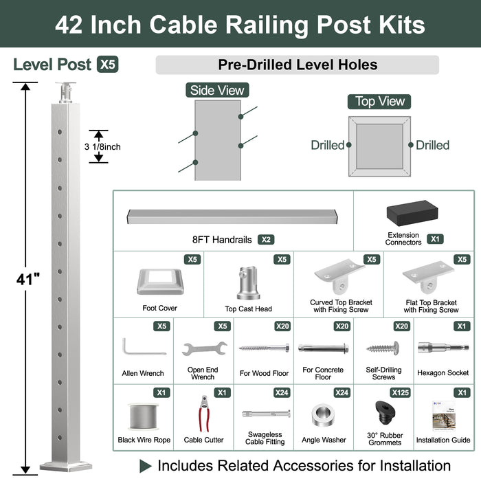 BLIKA 36'' & 42'' Brushed Stainless Steel Surface Mount Stair Cable Railing System DIY Kit (4FT - 20FT, Angled Drilled)