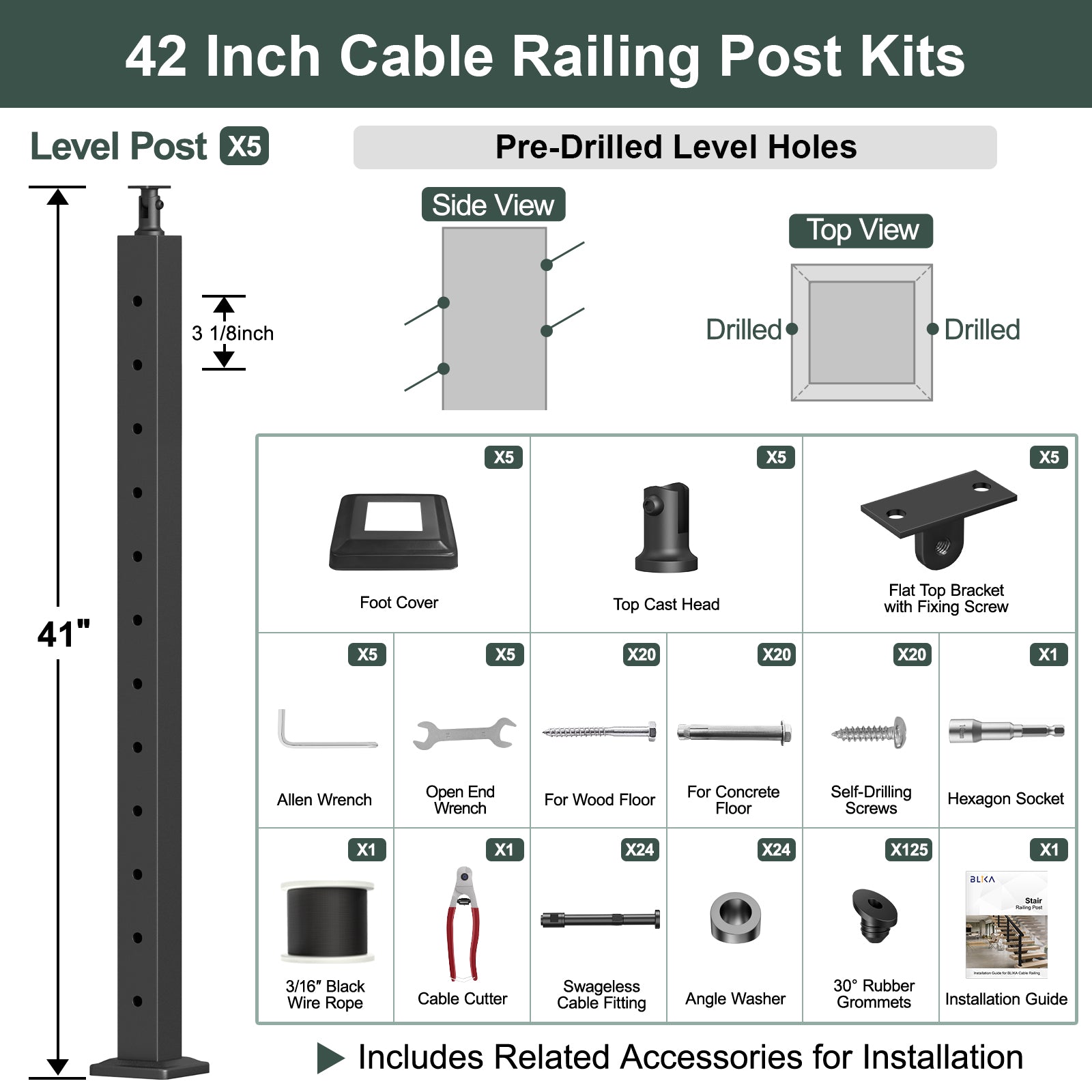 BLIKA 36'' & 42'' Black Surface Mount Stair Cable Railing System DIY Kit (4FT - 20FT, Angled Drilled, No Handrail) - 3/16