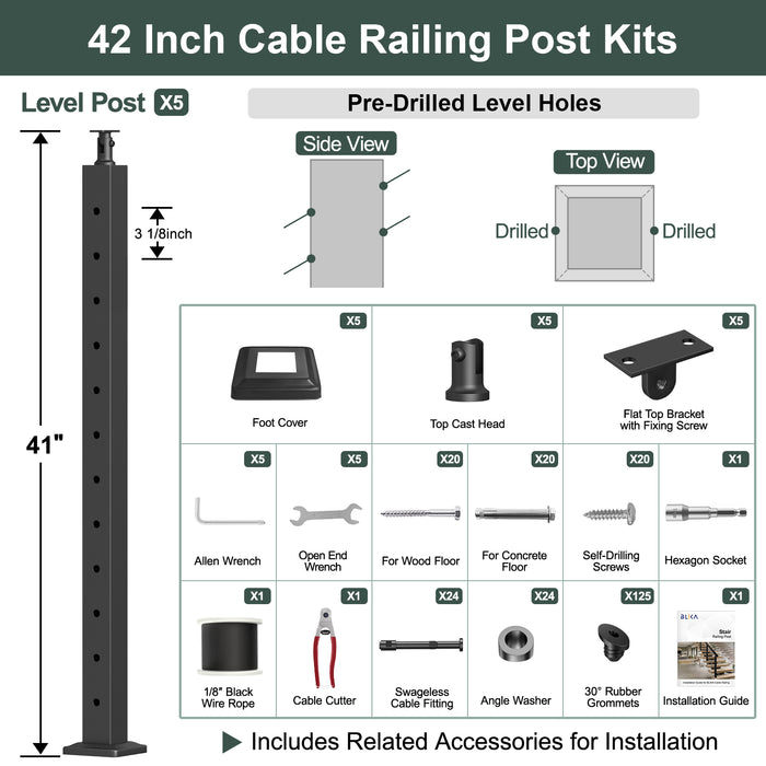 BLIKA 36'' & 42'' Black Surface Mount Stair Cable Railing System DIY Kit (4FT - 20FT, Angled Drilled, No Handrail) - 1/8" Cable & Hardware
