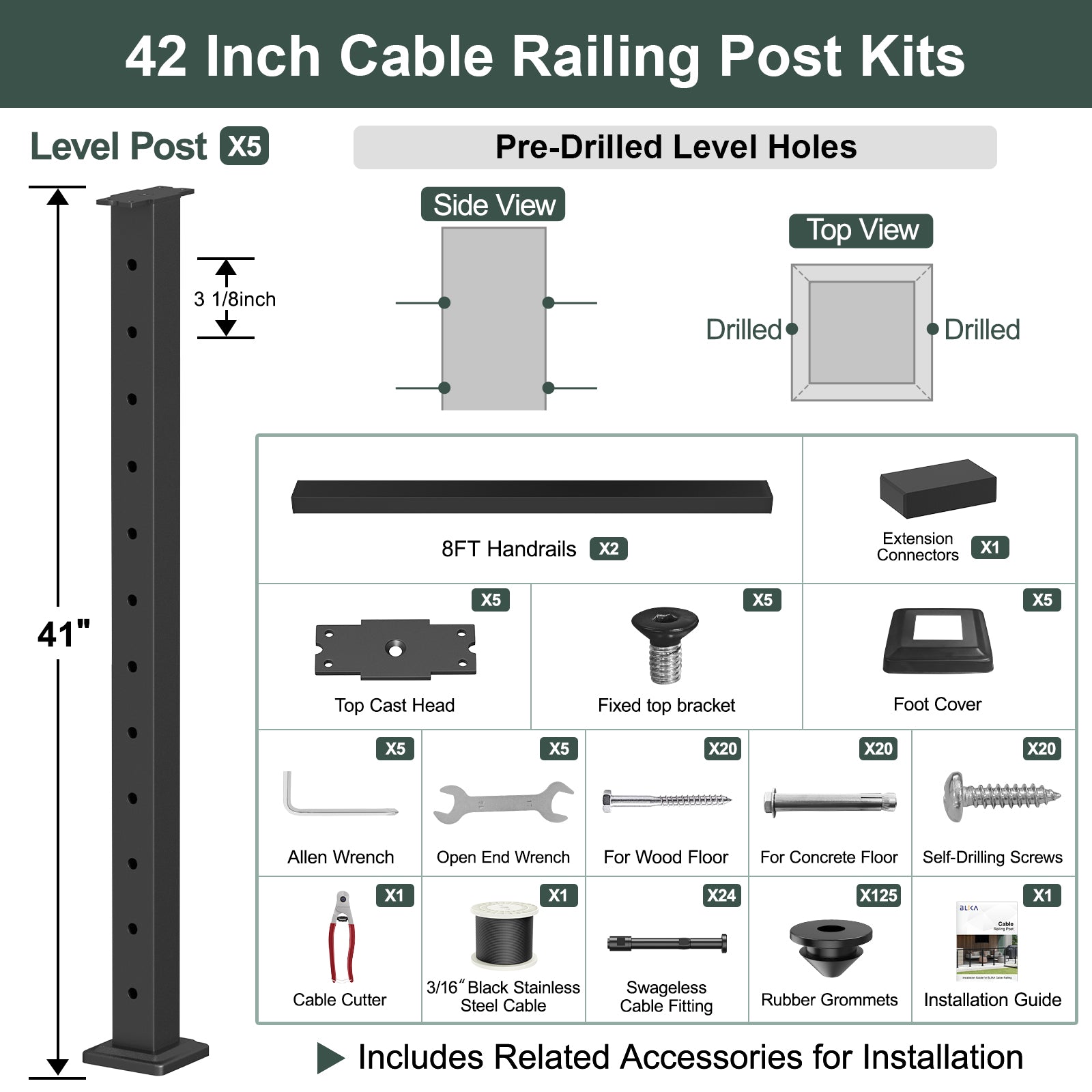 BLIKA 36'' & 42'' Black Surface Mount Cable Railing System DIY Kit (4FT - 28FT, Level Drilled, ) - 3/16
