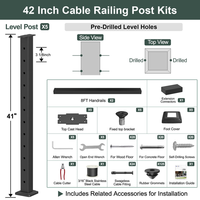 BLIKA 36'' & 42'' Black Surface Mount Cable Railing System DIY Kit (4FT - 28FT, Level Drilled, ) - 3/16" Cable & Hardware