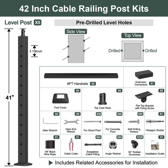 BLIKA 36'' & 42'' Black Surface Mount Stair Cable Railing System DIY Kit (4FT - 20FT, Angled Drilled) - 1/8" Cable & Hardware