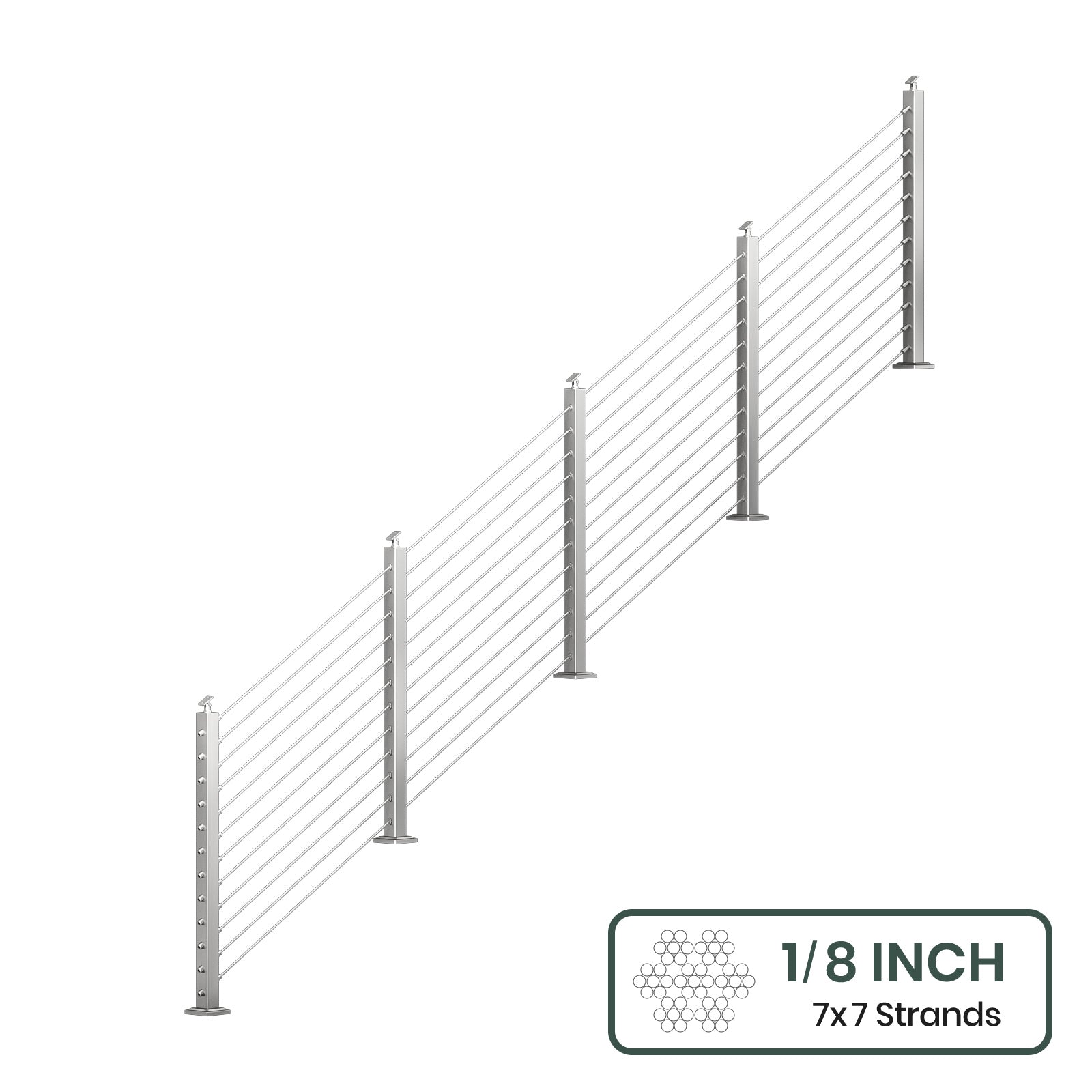 BLIKA 36'' & 42''  Brushed Stainless Steel Surface Mount Stair Cable Railing System DIY Kit (4FT - 20FT, Angled Drilled, No Handrail) - 1/8