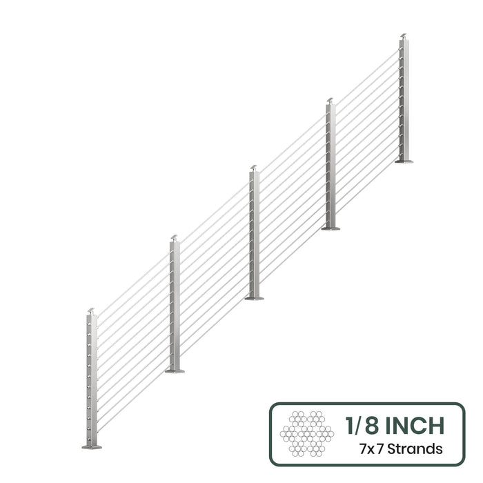 BLIKA 36'' & 42''  Brushed Stainless Steel Surface Mount Stair Cable Railing System DIY Kit (4FT - 20FT, Angled Drilled, No Handrail) - 1/8" Cable & Hardware