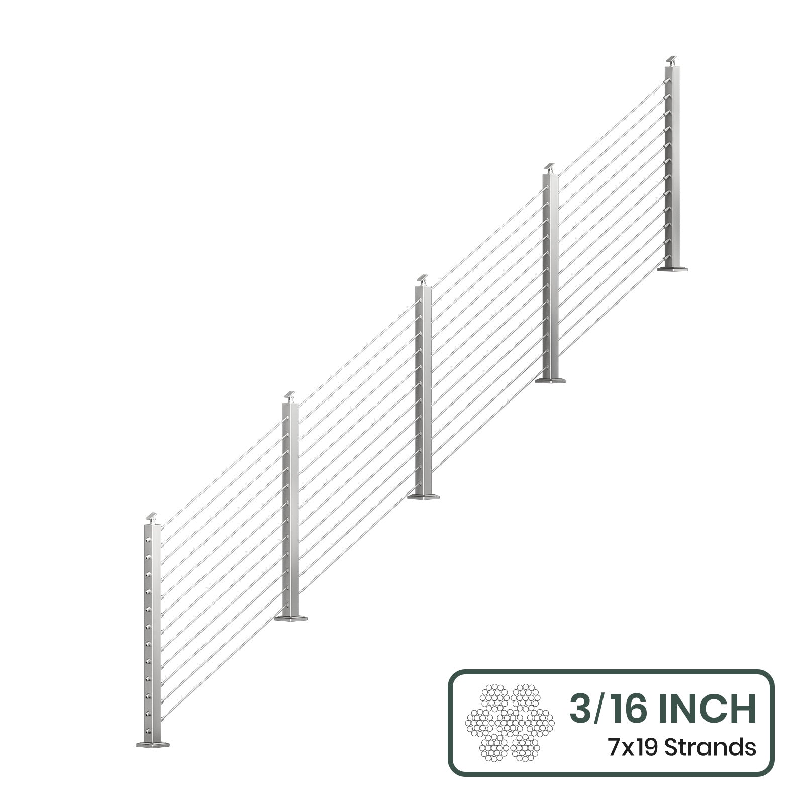 BLIKA 36'' & 42''  Brushed Stainless Steel Surface Mount Stair Cable Railing System DIY Kit (4FT - 20FT, Angled Drilled, No Handrail) - 3/16