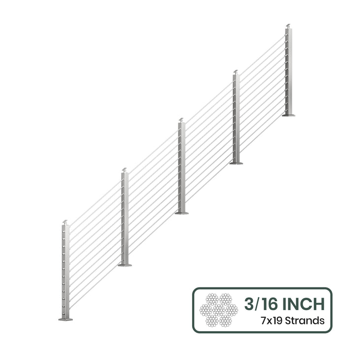 BLIKA 36'' & 42''  Brushed Stainless Steel Surface Mount Stair Cable Railing System DIY Kit (4FT - 20FT, Angled Drilled, No Handrail) - 3/16" Cable & Hardware