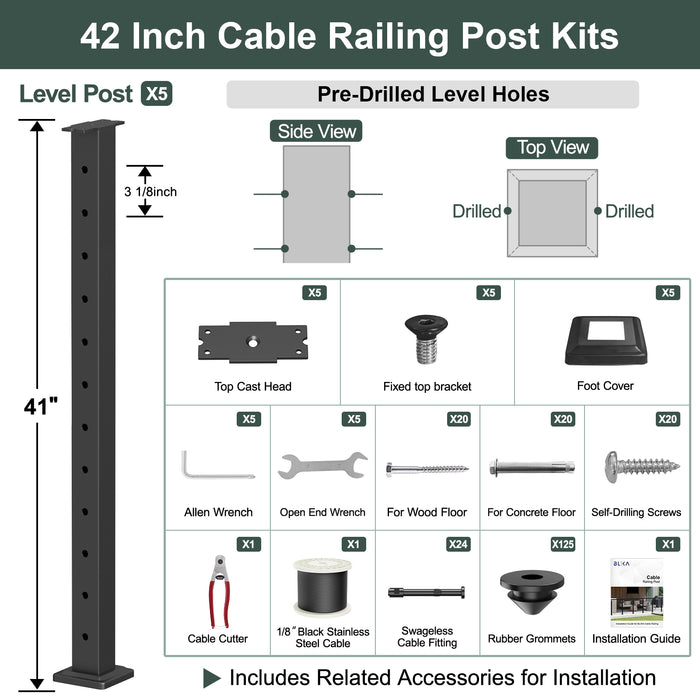 BLIKA 36'' & 42''  Black Surface Mount Cable Railing System DIY Kit (4FT - 28FT, Level Drilled, No Handrail) - 1/8" Cable & Hardware