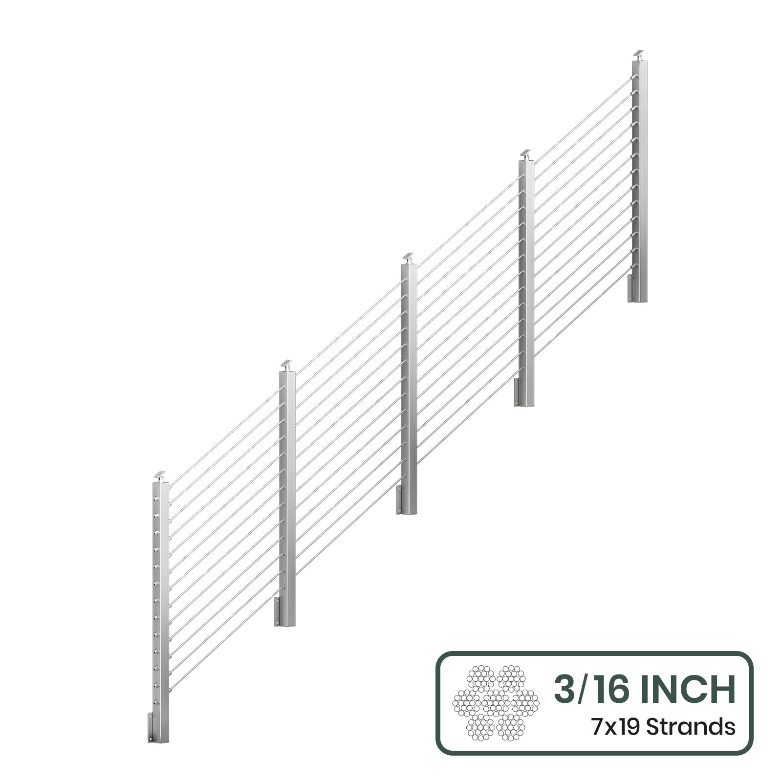 BLIKA 36'' & 42'' Brushed Stainless Steel Side Mount Stair Cable Railing System DIY Kit (4FT - 20FT,  No Handrail) - 3/16