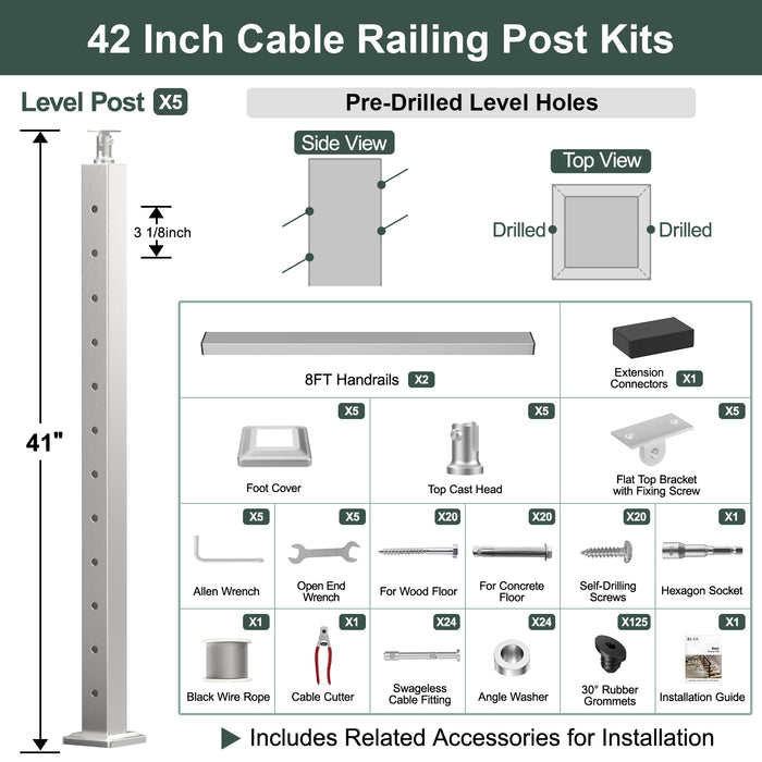 BLIKA 36'' & 42'' Brushed Stainless Steel Surface Mount Stair Cable Railing System DIY Kit (4FT - 20FT, Angled Drilled) - 1/8" Cable & Hardware