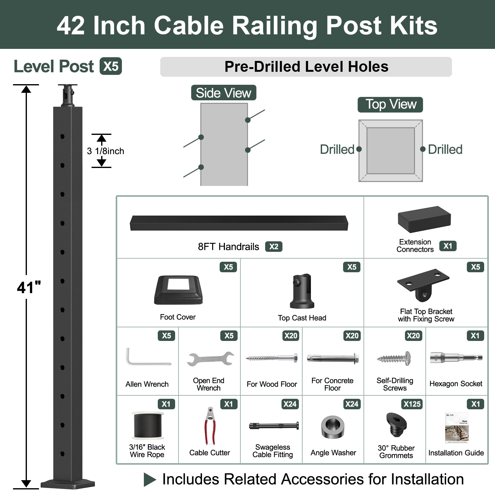 BLIKA 36'' & 42'' Black Surface Mount Stair Cable Railing System DIY Kit (4FT - 20FT, Angled Drilled) - 3/16