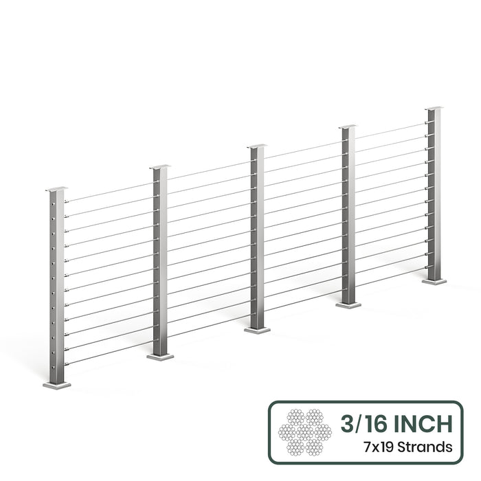 BLIKA 36'' & 42'' Brushed Stainless Steel Surface Mount Cable Railing System DIY Kit (4FT - 28FT, Level Drilled, No Handrail) - 3/16" Cable & Hardware