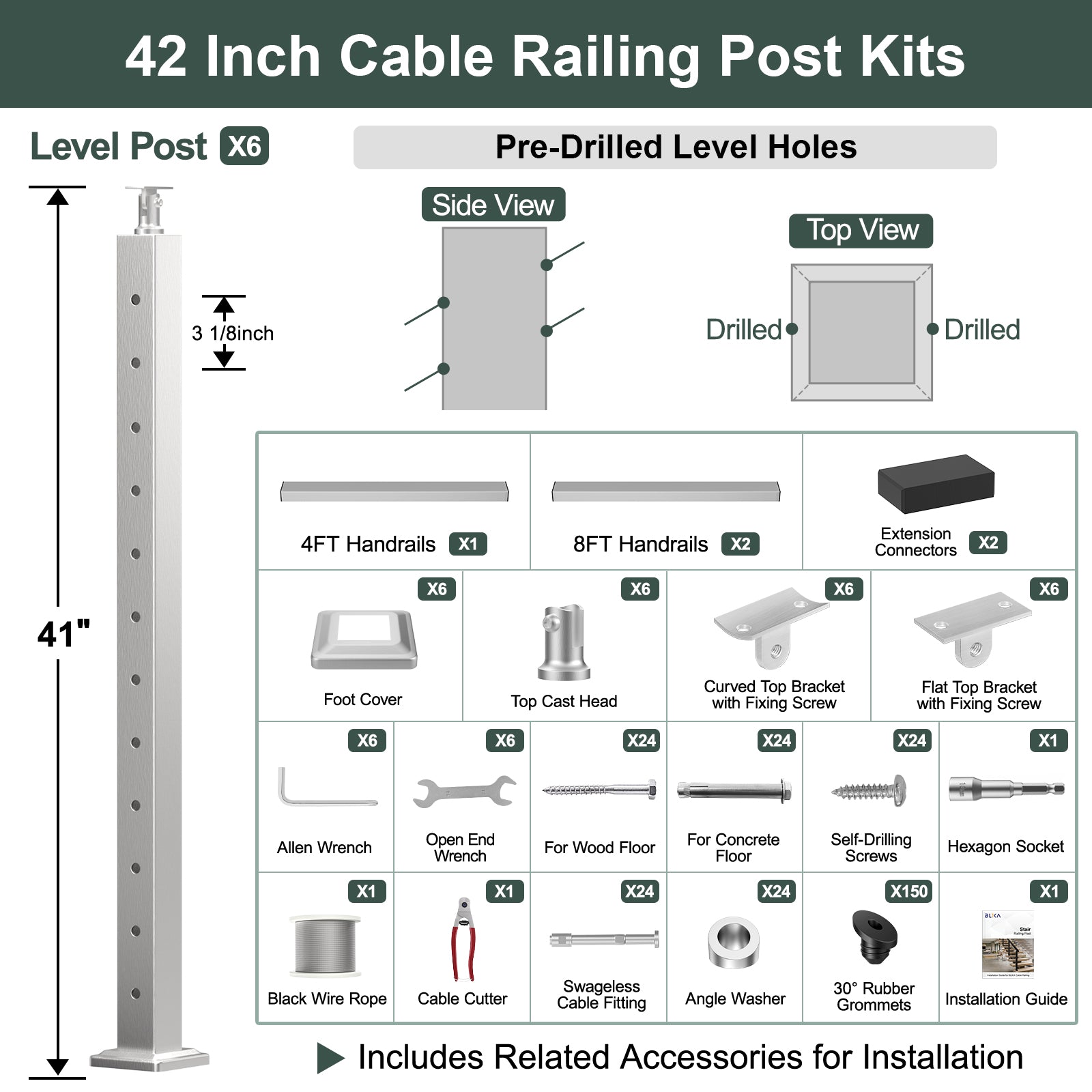 BLIKA 36'' & 42'' Brushed Stainless Steel Surface Mount Stair Cable Railing System DIY Kit (4FT - 20FT, Angled Drilled)