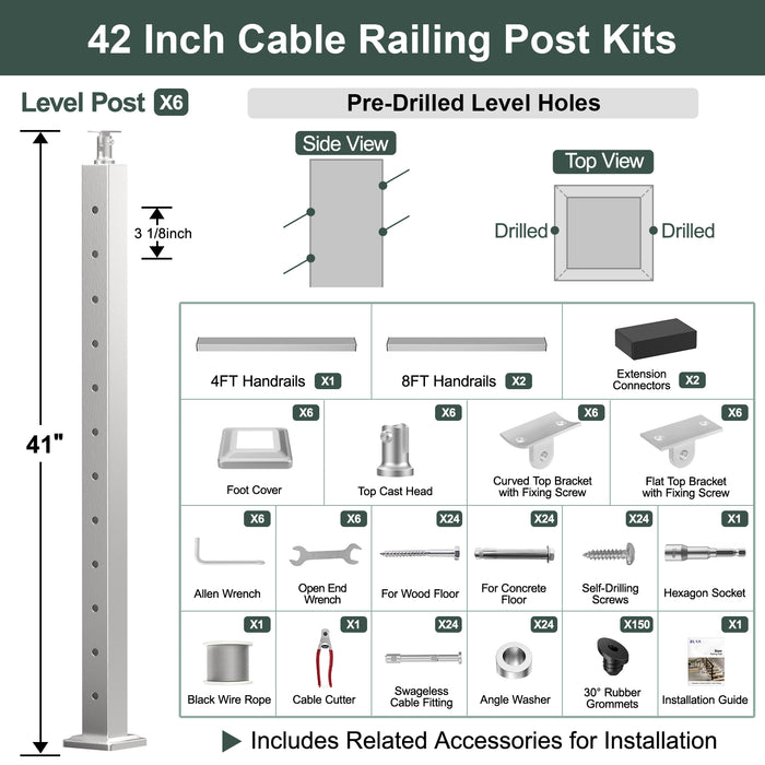 BLIKA 36'' & 42'' Brushed Stainless Steel Surface Mount Stair Cable Railing System DIY Kit (4FT - 20FT, Angled Drilled)