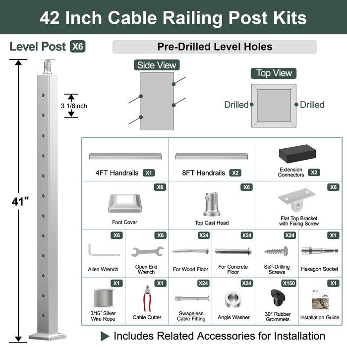 BLIKA 36'' & 42'' Brushed Stainless Steel Surface Mount Stair Cable Railing System DIY Kit (4FT - 20FT, Angled Drilled) - 3/16" Cable & Hardware