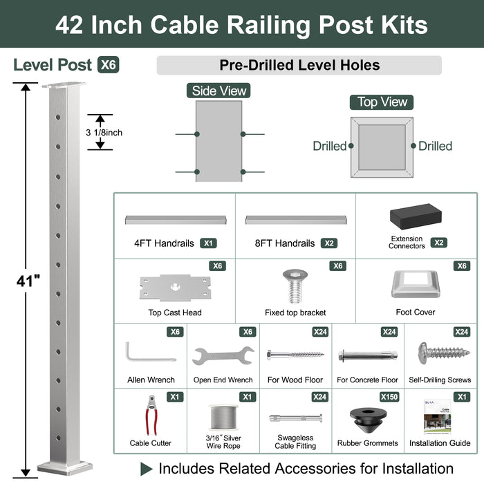 BLIKA 36'' & 42'' Brushed Stainless Steel Surface Mount Cable Railing System DIY Kit (4FT - 28FT, Level Drilled, ) - 3/16" Cable & Hardware
