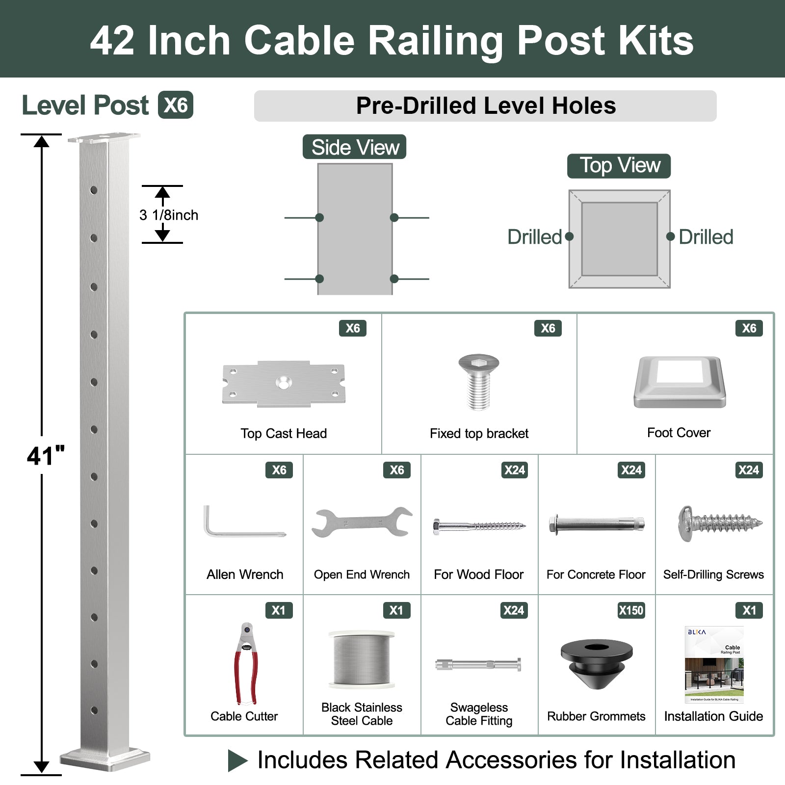 BLIKA 36'' & 42'' Brushed Stainless Steel Surface Mount Cable Railing System DIY Kit (4FT - 20FT, Level Drilled, No Handrail)