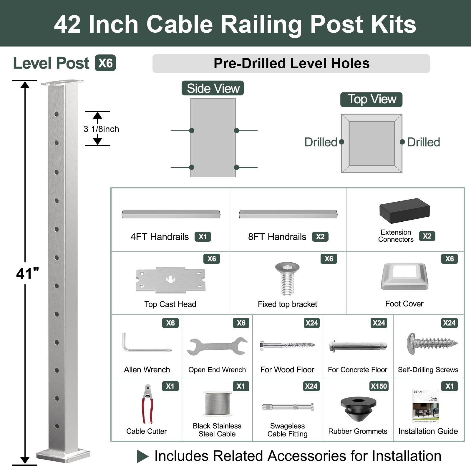BLIKA 36'' & 42'' Brushed Stainless Steel Surface Mount Cable Railing System DIY Kit (4FT - 28FT, Level Drilled, )