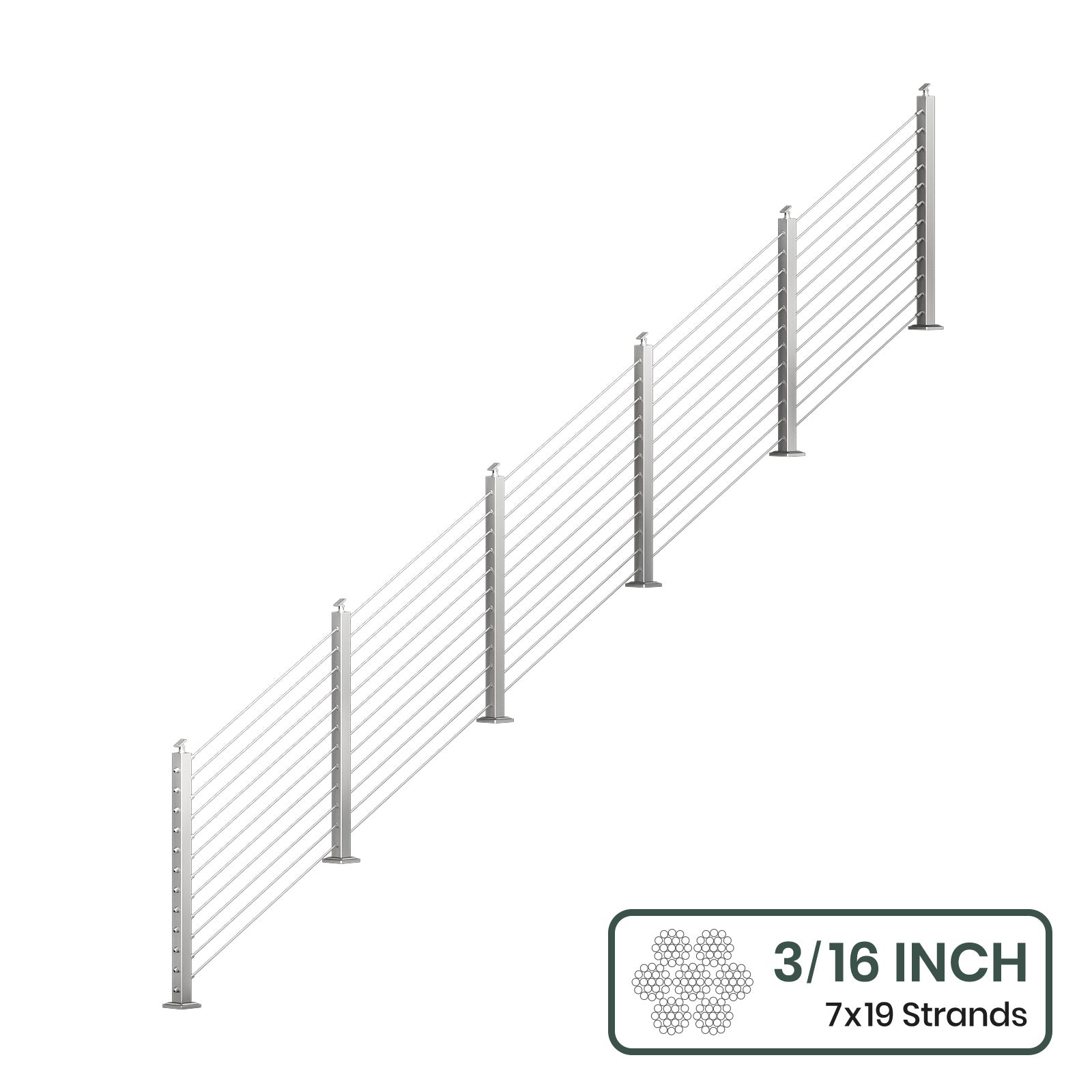 BLIKA 36'' & 42''  Brushed Stainless Steel Surface Mount Stair Cable Railing System DIY Kit (4FT - 20FT, Angled Drilled, No Handrail) - 3/16