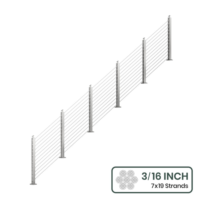 BLIKA 36'' & 42''  Brushed Stainless Steel Surface Mount Stair Cable Railing System DIY Kit (4FT - 20FT, Angled Drilled, No Handrail) - 3/16" Cable & Hardware