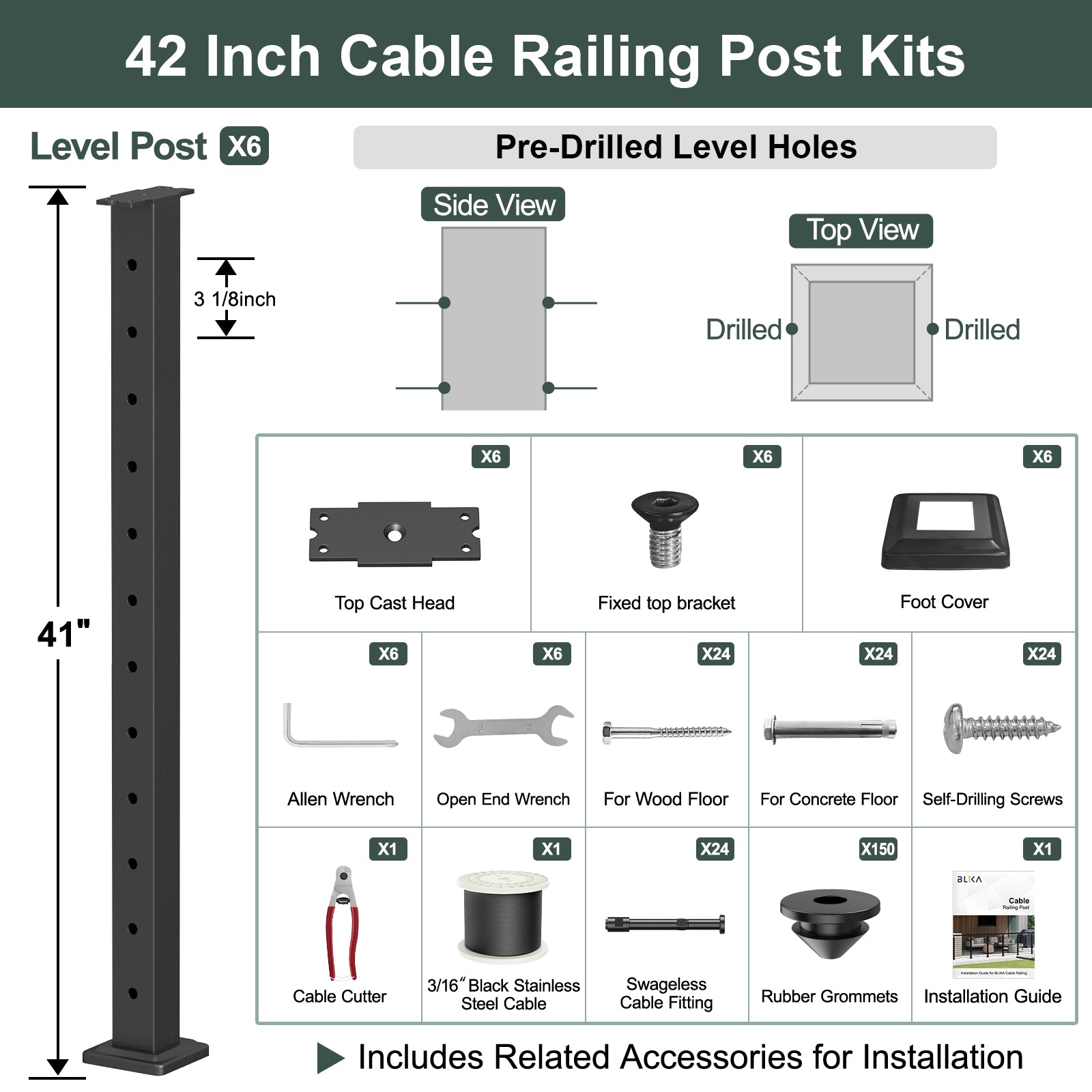 BLIKA 36'' & 42''  Black Surface Mount Cable Railing System DIY Kit (4FT - 28FT, Level Drilled, No Handrail) - 3/16