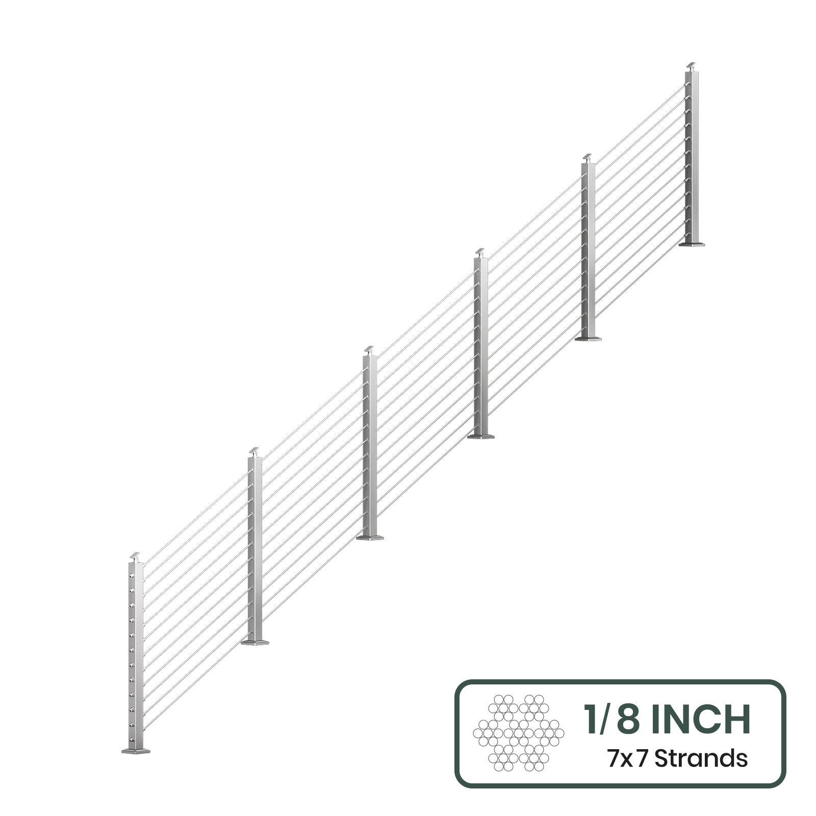 BLIKA 36'' & 42''  Brushed Stainless Steel Surface Mount Stair Cable Railing System DIY Kit (4FT - 20FT, Angled Drilled, No Handrail) - 1/8