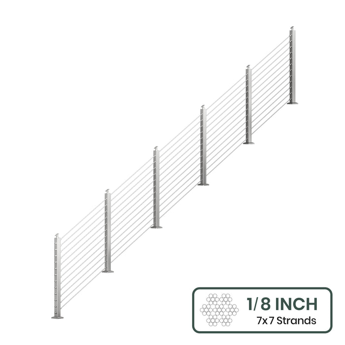 BLIKA 36'' & 42''  Brushed Stainless Steel Surface Mount Stair Cable Railing System DIY Kit (4FT - 20FT, Angled Drilled, No Handrail) - 1/8" Cable & Hardware
