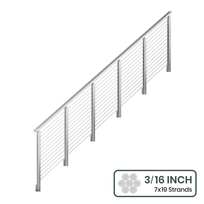BLIKA 36'' & 42''  Brushed Stainless Steel Side Mount  Stair Cable Railing System DIY Kit (4FT - 20FT, Angled Drilled) - 3/16" Cable & Hardware