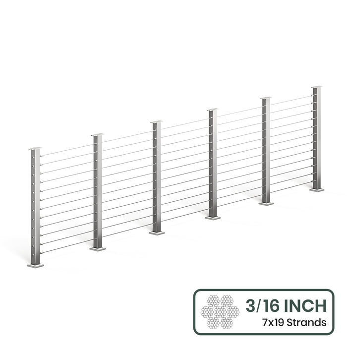 BLIKA 36'' & 42'' Brushed Stainless Steel Surface Mount Cable Railing System DIY Kit (4FT - 28FT, Level Drilled, No Handrail) - 3/16" Cable & Hardware