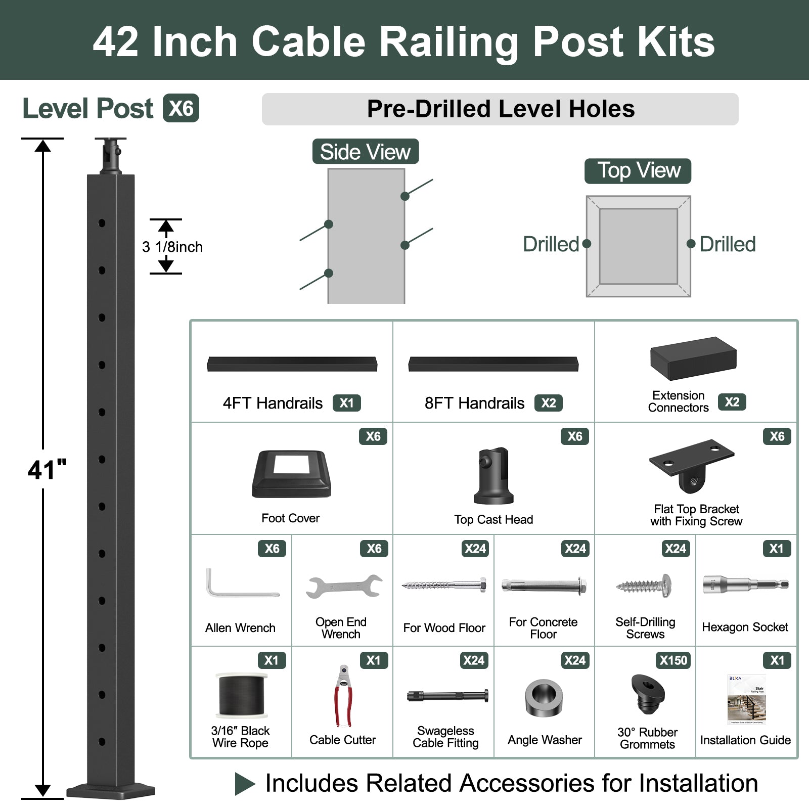BLIKA 36'' & 42'' Black Surface Mount Stair Cable Railing System DIY Kit (4FT - 20FT, Angled Drilled) - 3/16